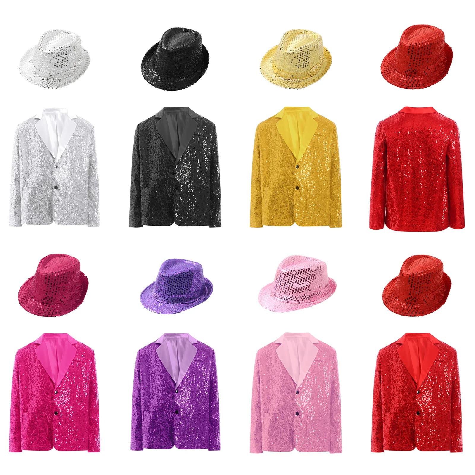 Kids Girls Jazz Dance Jacket Set Long Sleeve Sparkly Sequins Blazer Jacket with Sequined Hat for Theme Party Stage Performance