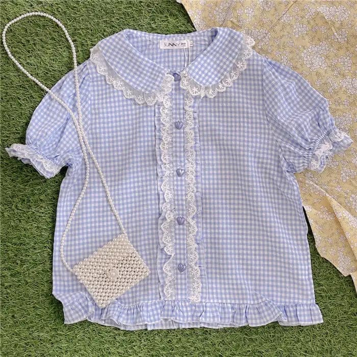 Camicia con colletto per bambola Lolita dolce giapponese Camicia estiva da donna con volant carino Top con maniche corte a sbuffo Top femminili Kawaii graziosi vestiti interni