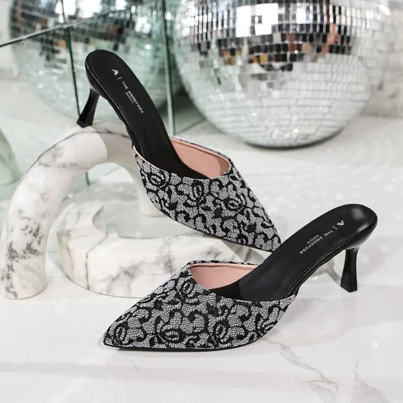 Women Lace Fabric Pointed Toe High Heel Mules Stiletto Heel Party Shoes Evening Slippers Comfortable Fit Wedding Elegant Sandals