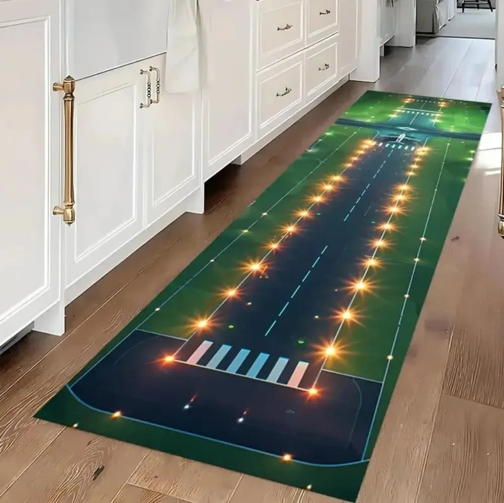 Tappeto con Vista Notturna della Pista Aeroportuale, Moquette a Tema Aviazione per Corridoio, Camera dei Bambini, Tappetino Antiscivolo per Pavimento