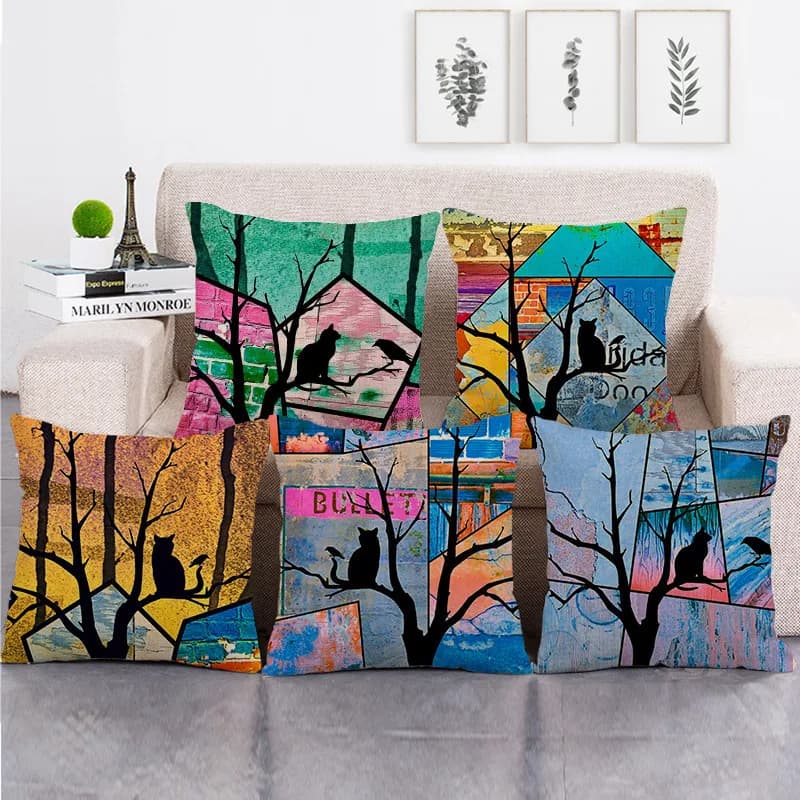 Federa per cuscino in lino stile pittura ad acquerello, 45x45 cm, con stampa gatto sull'albero, copricuscino con grafica artistica, decorazione per la casa