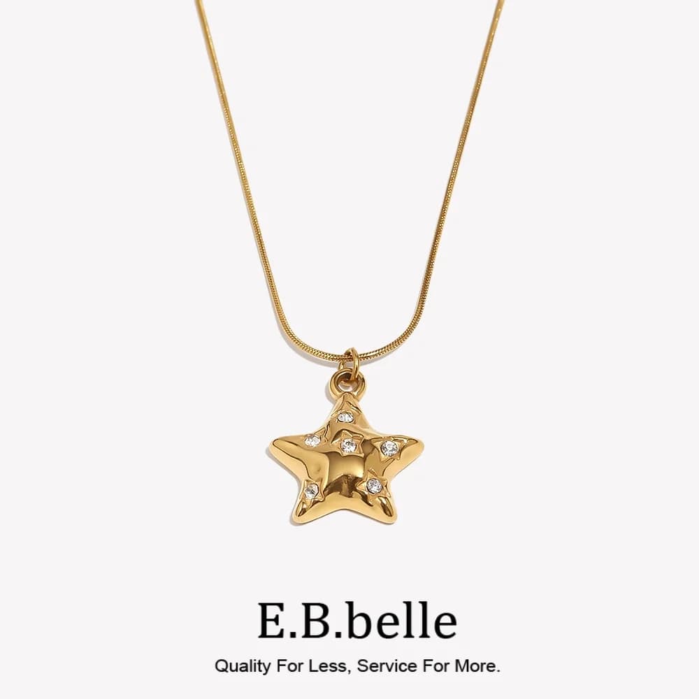 E.B.belle Gold Color Rhinestone Cute Star Pendant Necklace Stainless Steel 18K Gold Plated Women's Party Neck Jewelry Gifts