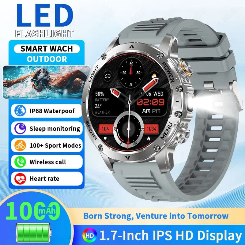 New Military Smartwatch for Men with 1000mAh Battery, LED Flashlight, IP68 Waterproof, 1.7 Inch HD Display, Bluetooth Call
