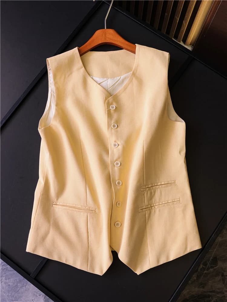 Linen Single-Button V-Neck Sleeveless Vest Simple Pure Color Slimming Commute Versatile Women's Jacket Qingji 2025 Summer