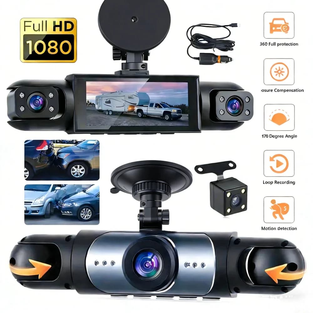 Dash Cam DVR per auto con 4 telecamere, scatola nera, visione notturna anteriore, posteriore e interna, registrazione in loop, dashcam 360° per auto