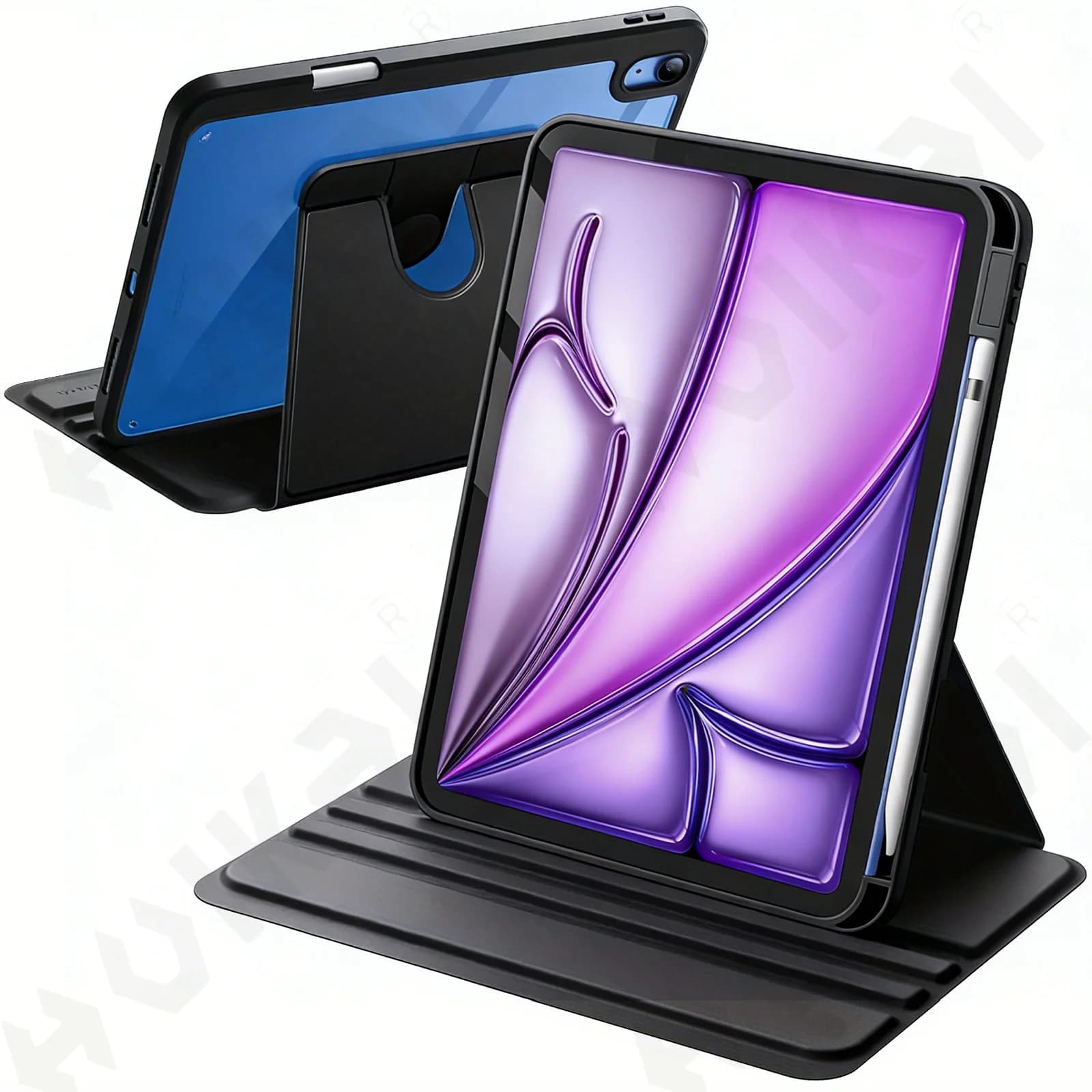 Custodia per iPad Air 2026 13 11 M4 pollici con porta penna, cover protettiva girevole a 360 gradi con supporto, retro trasparente, funzione Auto Wake/Sleep