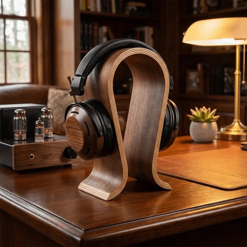 Supporto per Cuffie in Noce Massiccio a Forma di U, Espositore per Cuffie On-Ear, Base Robusta, Adattabile Universalmente, Appendi Cuffie da Scrivania