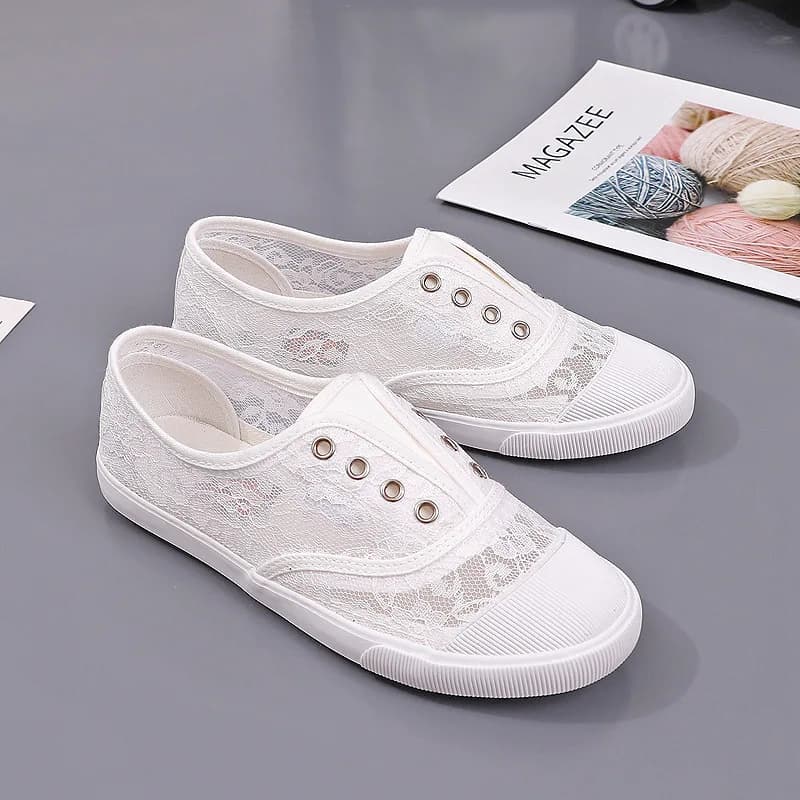 Women's Lace Hollow-Out Canvas Flats Breathable White Ballet-Inspired Sneakers Comfortable All-Match Footwear Lightweight Shoes