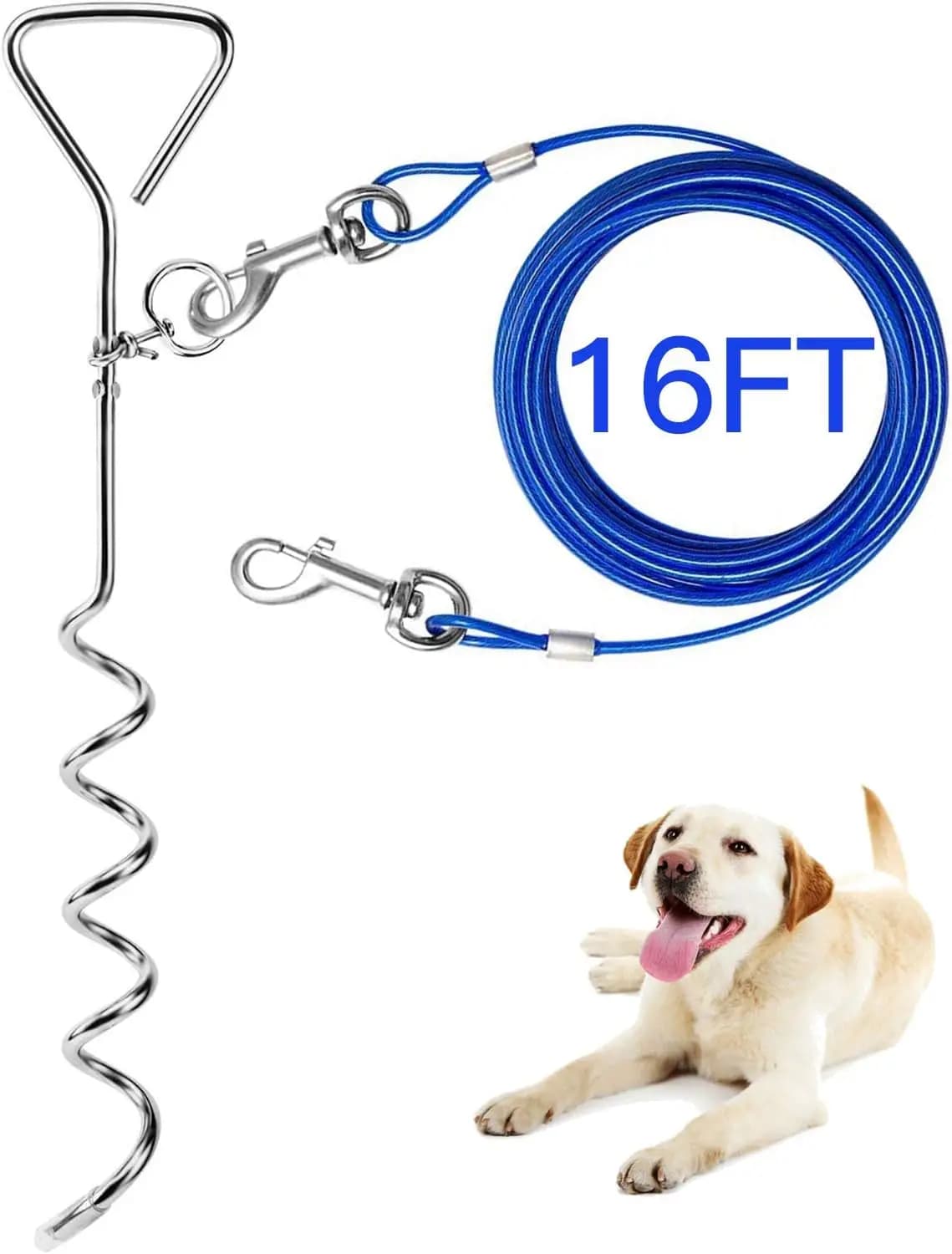 16ft Heavy Duty Dog Tie Out Cable & Spiral Stake for Large Dogs Up to 125 lbs, Anti-Rust, Easy Installation for Yard Camping
