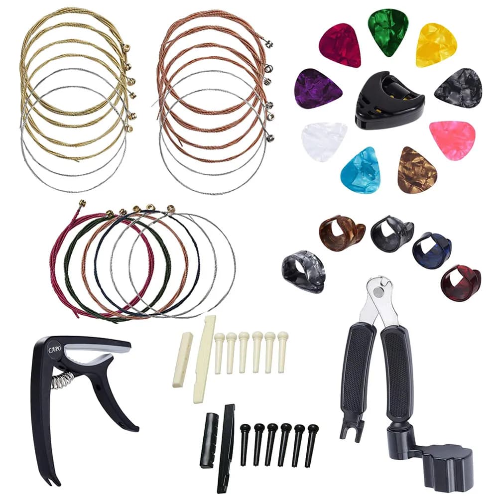Set di accessori per chitarra leggeri e resistenti, con capotasto, avvolgicorde e plettri, per la sostituzione delle corde e la regolazione.