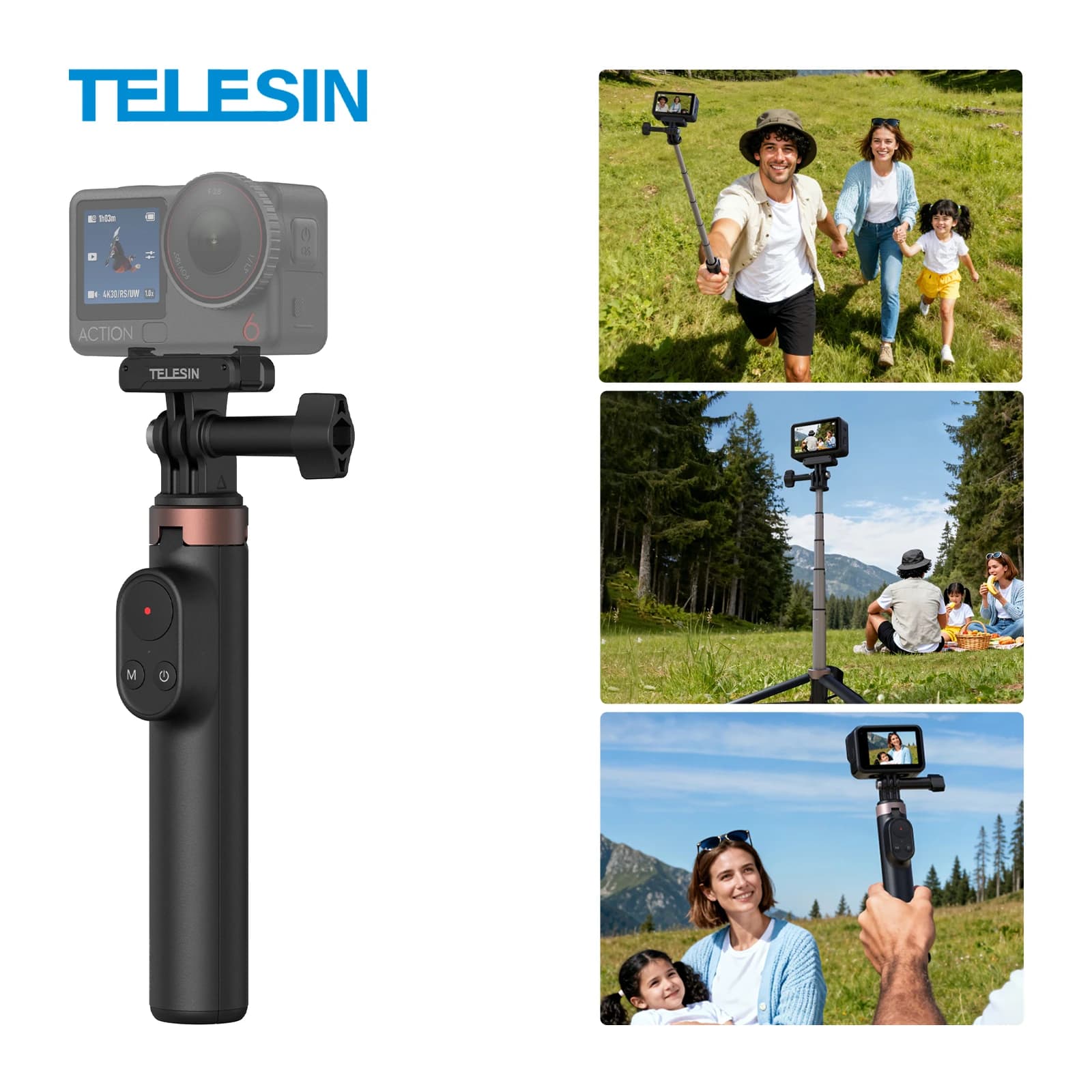 TELESIN Treppiede Selfie Stick Wireless 3 in 1 con Telecomando Bluetooth da 80M, Treppiede Estensibile per DJI OSMO Action 4 5pro 6 360