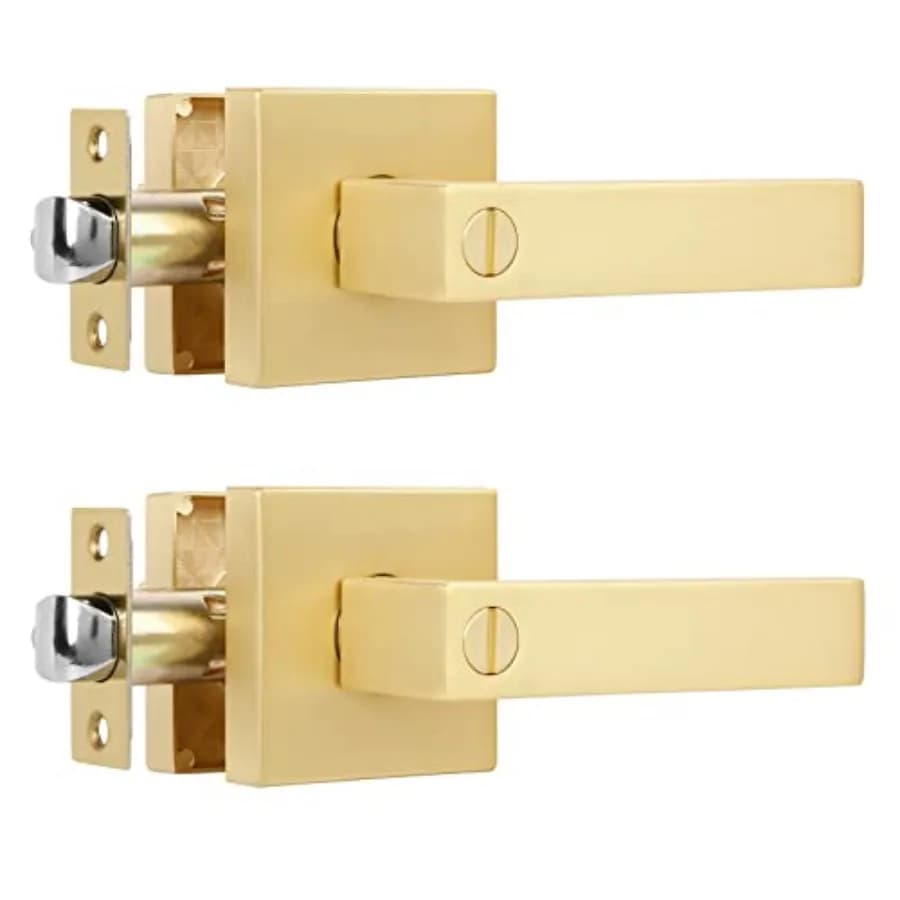 Maniglia per porta da bagno resistente, quadrata, in ottone dorato, per interni, con pomolo interno bloccabile con pulsante a rotazione sinistra/destra