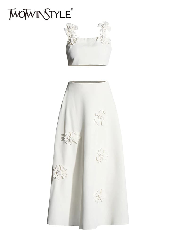 TWOTWINSTYLE Appliques impiombate Set di due pezzi per le donne colletto quadrato senza maniche Top A vita alta gonna A righe Set solidi femminili