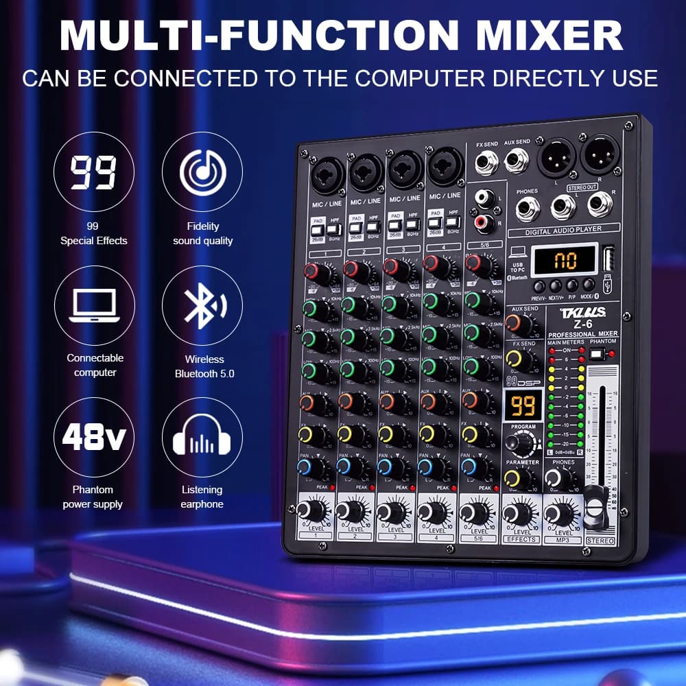 TKLBLS Professional audio mixer 99DSP 6 channel 48V Phantom Power USB Studio Karaoke Mixer DJ console Bluetooth