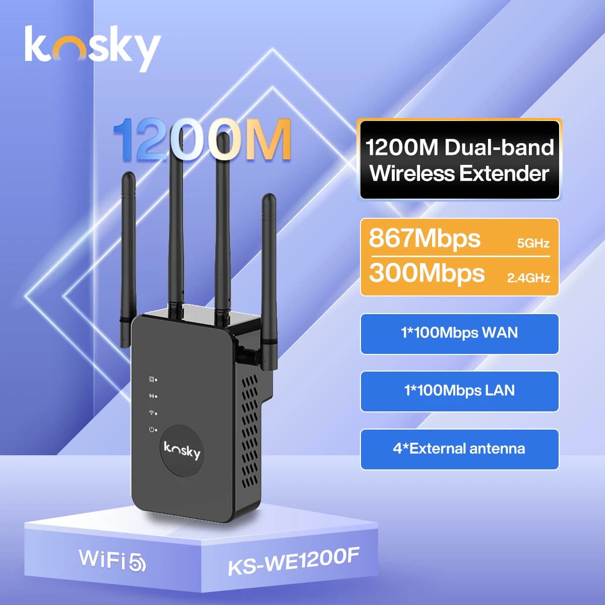 Kosky Extender WiFi dual-band, ripetitore di segnale WiFi da 1200 Mbps, ripetitore, router, AP, aumenta il segnale WiFi della tua casa, fino a 1200 Mbps