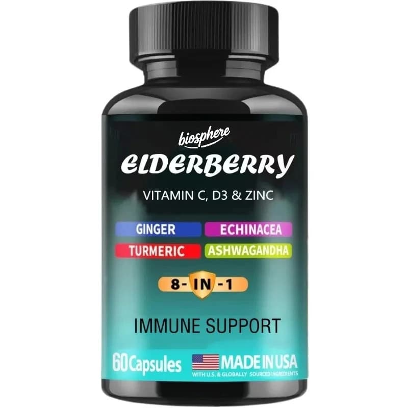 Supplement of immune support to elder formula 8 in 1, containing equinacea, vitamin C, zinc, turmeric, ginger -60 capsules