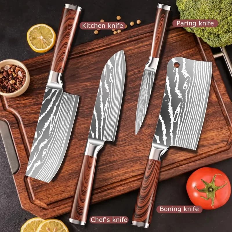 4PCS Stainless Steel Knife Set Full Steel Laser Pattern Kitchen Knives with Scissors Paring Chef Cleaver Slicer Gift Box