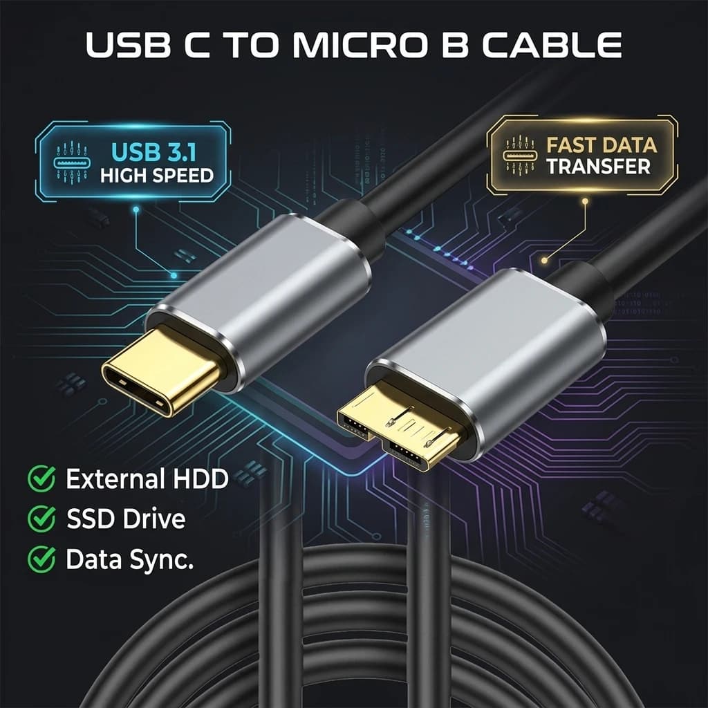 USB C to Micro B Cable USB 3.1 Gen1 Data Cable High Speed Transfer Cord for External Hard Drive HDD SSD Mobile Disk