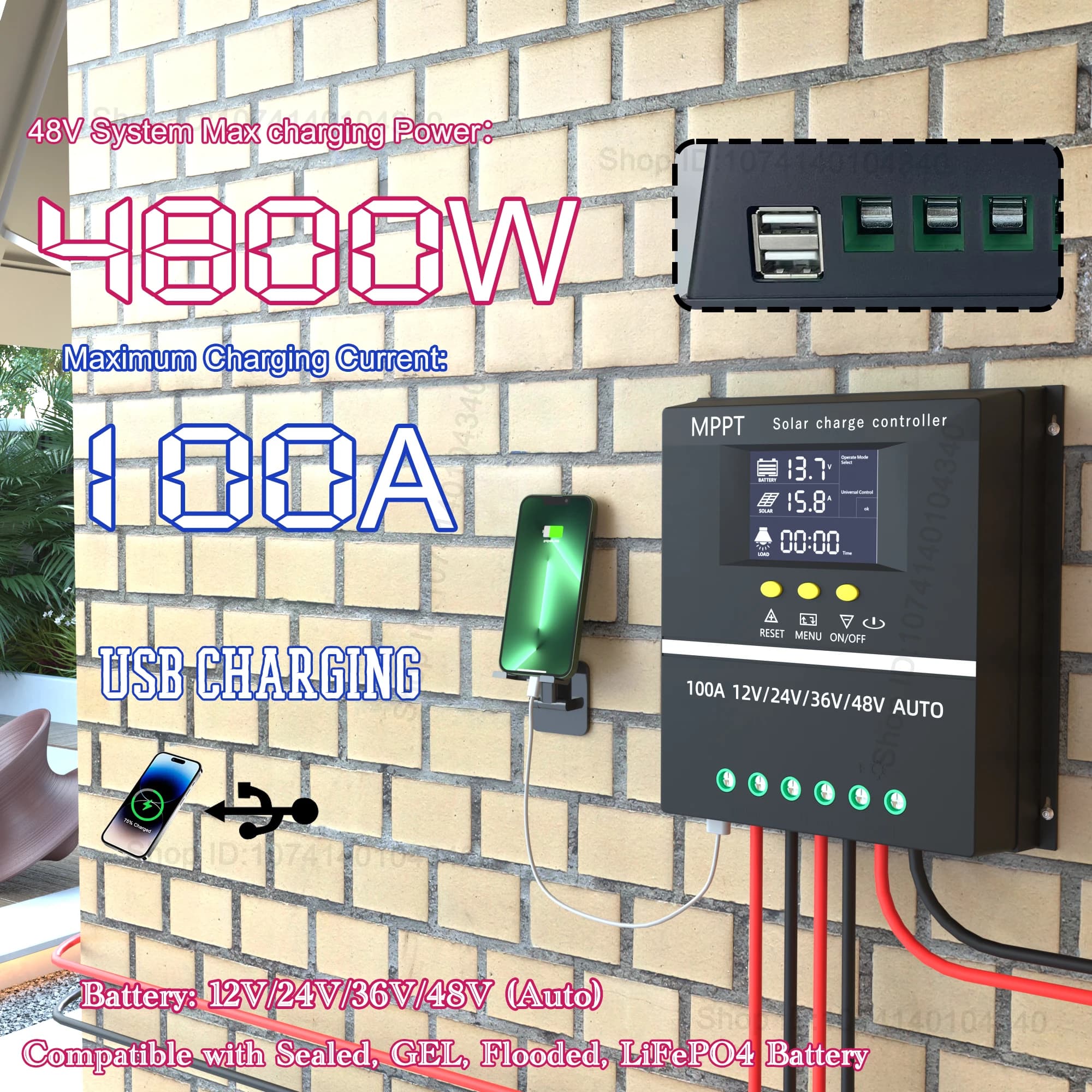 Regolatore di carica solare veloce MPPT 4800W 100A/60A compatibile per 12V/24V/36V/48V automatico con ricarica, display LCD e porte USB