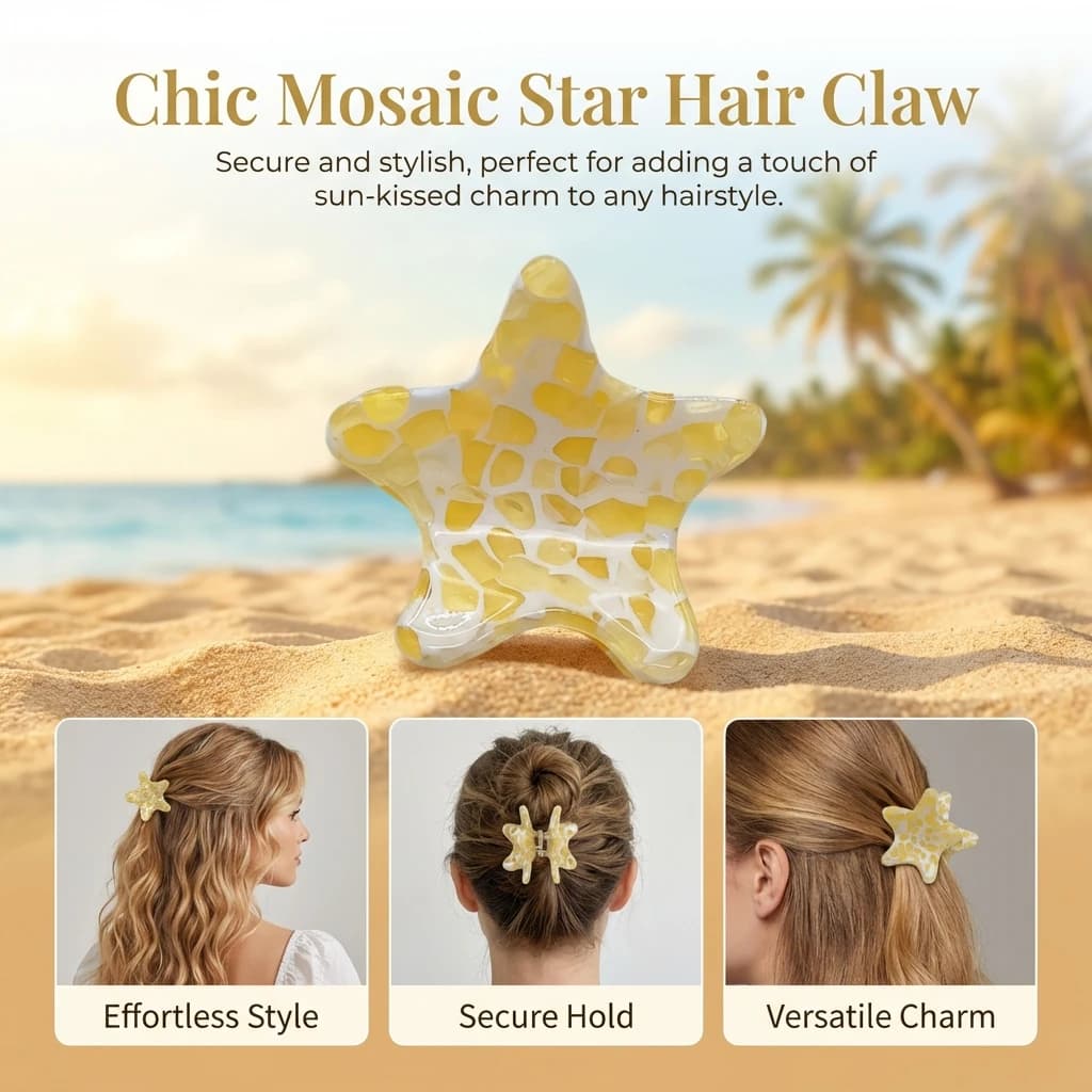 Fermagli per capelli estivi a forma di stella a cinque punte, fermaglio a forma di squalo in acrilico scintillante, accessori per capelli casual e carini per donne e ragazze