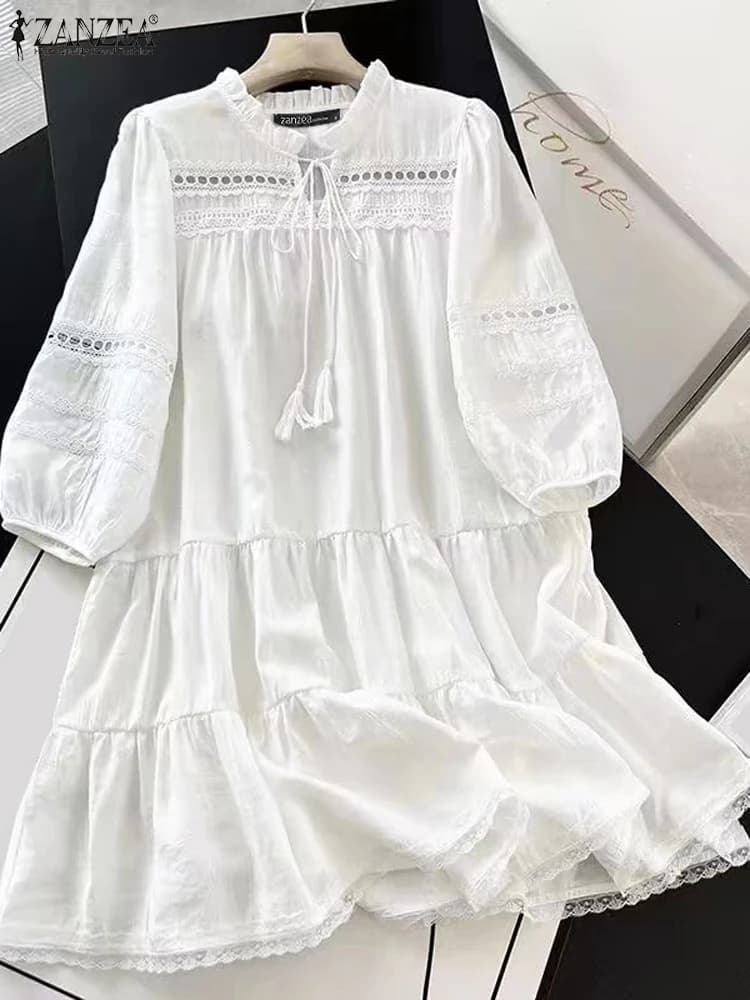 ZANZEA Abito da donna in pizzo 2025 Cuciture estive Midi Elegante Abiti da festa Moda Vintage Abito con nappa pieghettata con cinturino a 3/4