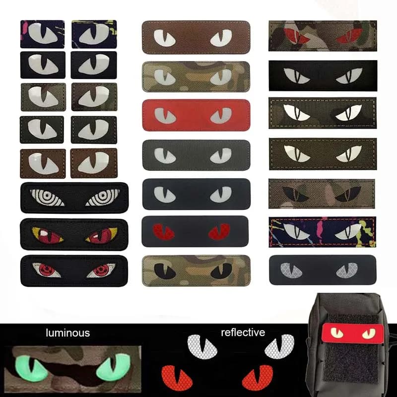 Occhi di tigre di gatto, toppe per vestiti con badge malocchio con gancio e anello che si illuminano al buio, adesivo per badge tattici militari per cappello, zaino