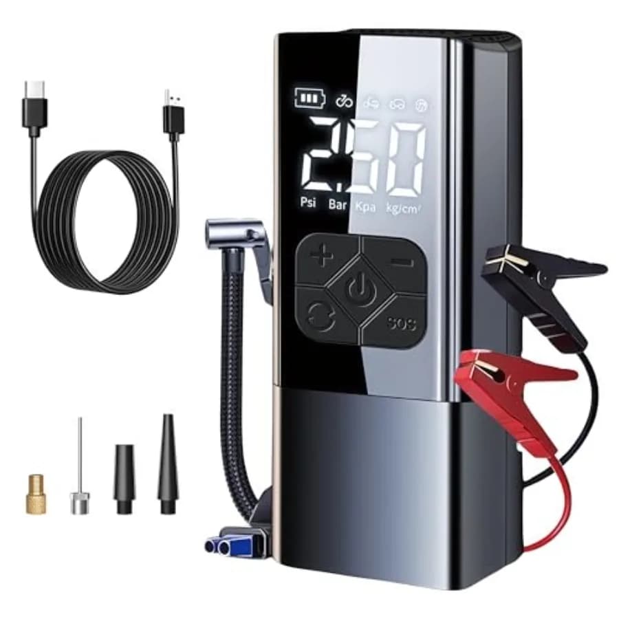 Compressore d'Aria Portatile con Avviatore d'Emergenza - 150PSI e 8000mAh, Avviatore per Batteria Auto con Manometro per Pneumatici