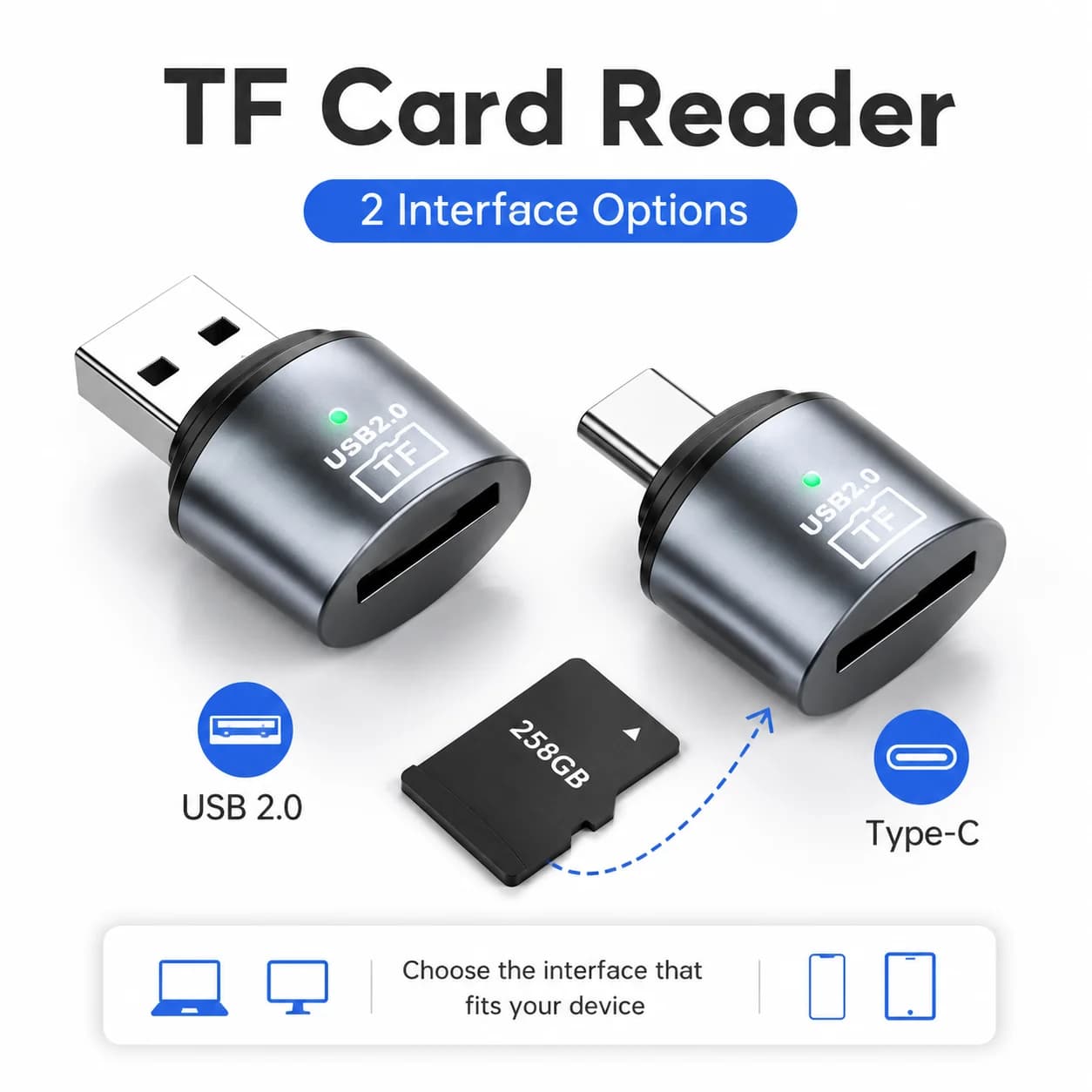 USB 2.0 / Type C TF Reader High Speed Data Transfer Mini TF Card Reader Smart Memory Card Reader Adapter for PC Laptop MacBook