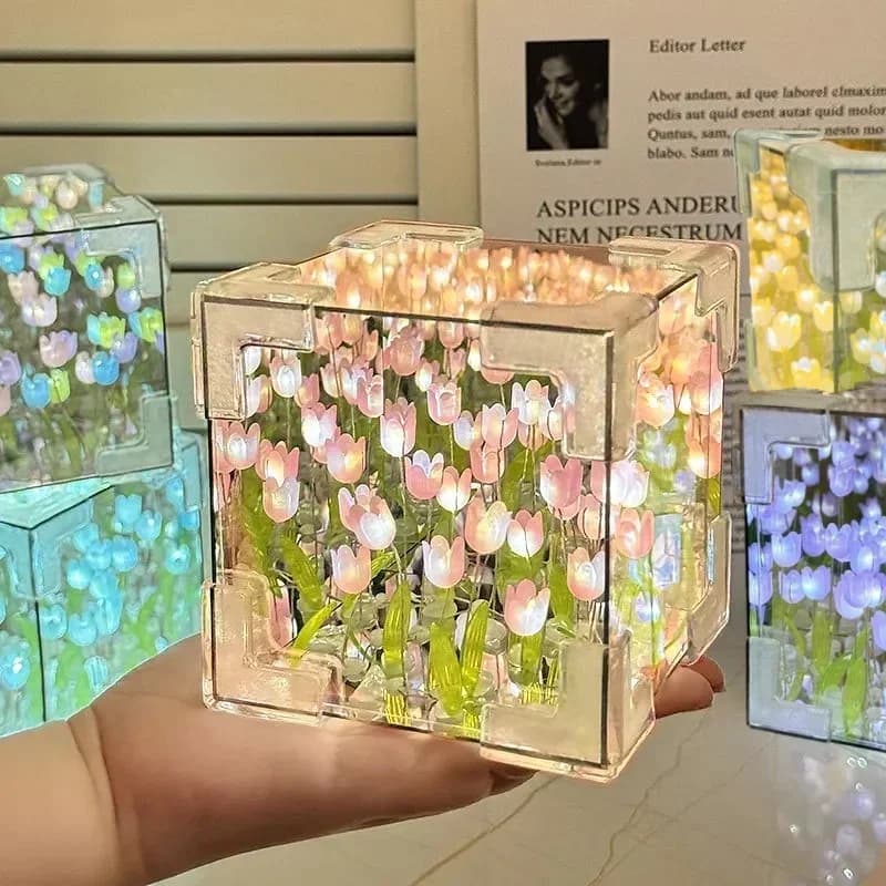 Creativo fai da te Tulip Flower Sea Cube tridimensionale piccola lampada da notte pacchetto materiale per fidanzata coppia fidanzata regalo nuovo