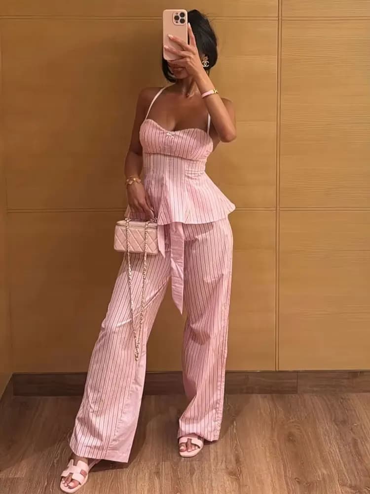 HH Abito da donna in popeline a righe con risvolto con tasca Camicetta monopetto + Top in pizzo con cerniera laterale + Pantalone con cintura a vita alta
