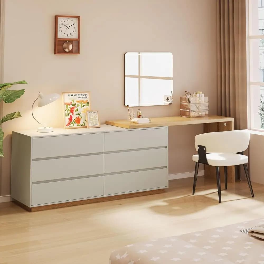 Scrivania a L Regolabile ed Espandibile, 56-98.5, 6 Cassetti, Tavolo da Trucco, Organizzatore per Camera da Letto, Grigio Chiaro e Legno Naturale