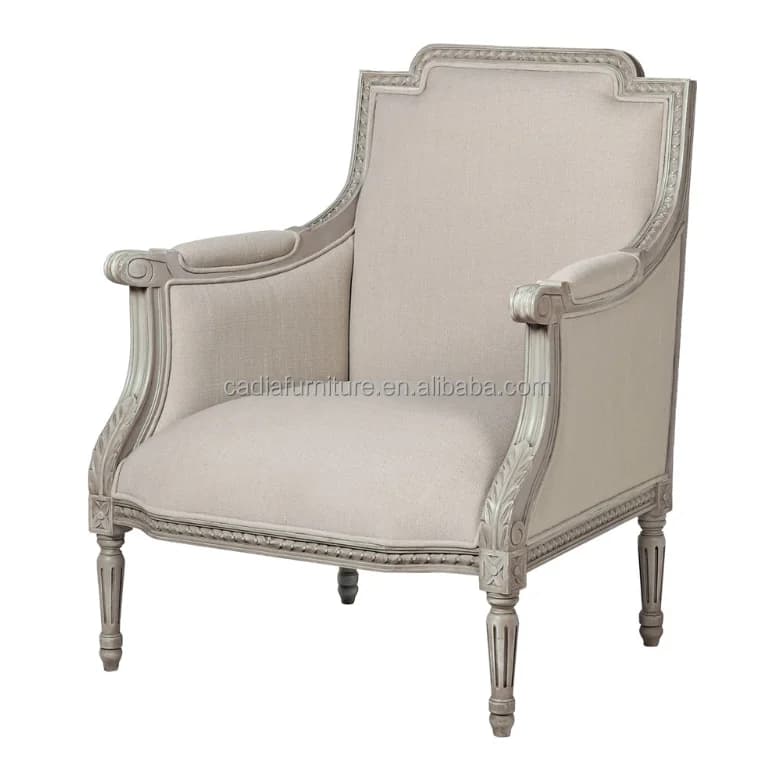 Classic armchairs in white paint White cotton lining French provincial fabric sofa in solid wood