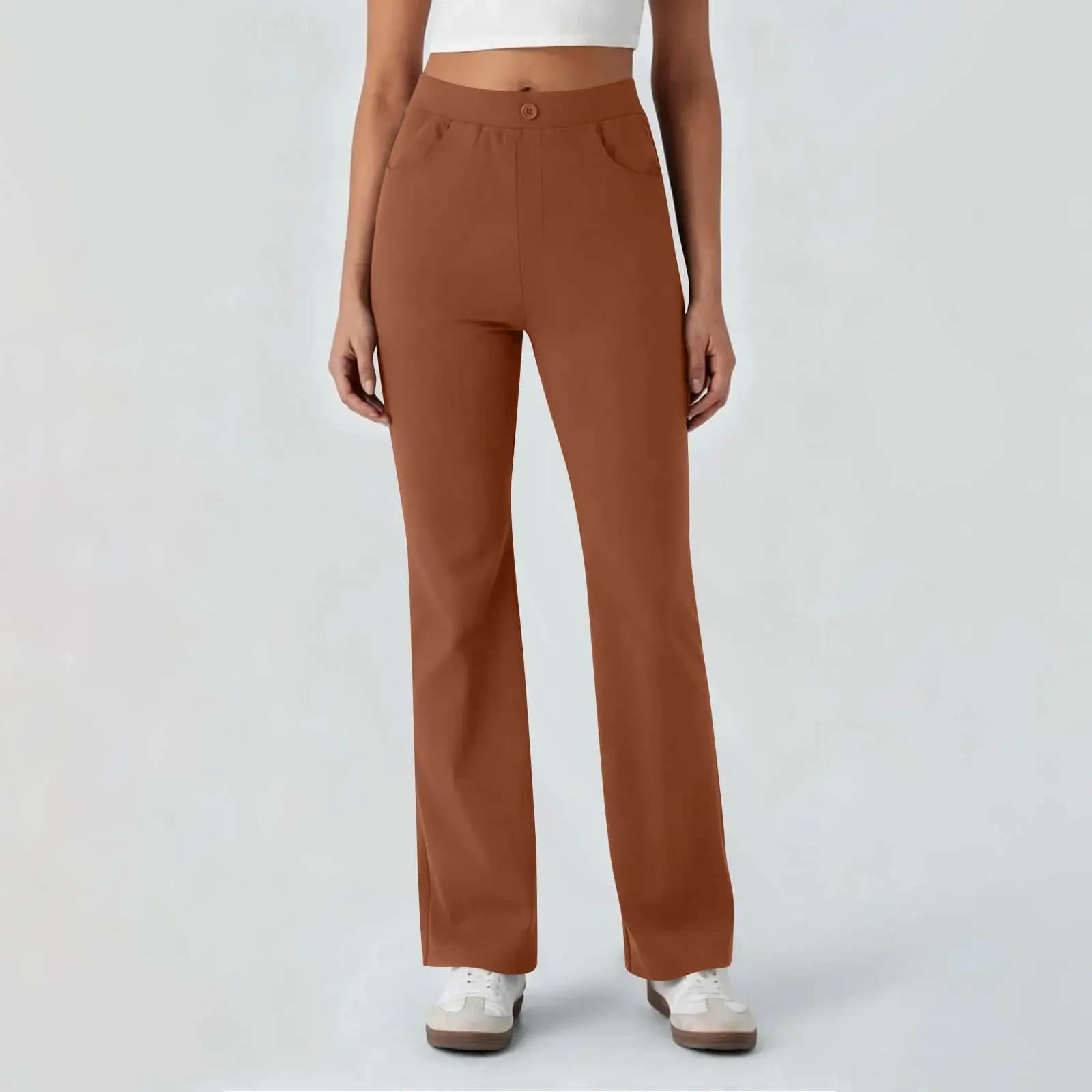 Pantaloni da donna a vita alta modellanti con tasche, casual, slim-fit, a gamba larga, tinta unita, per yoga, dritti, sportivi