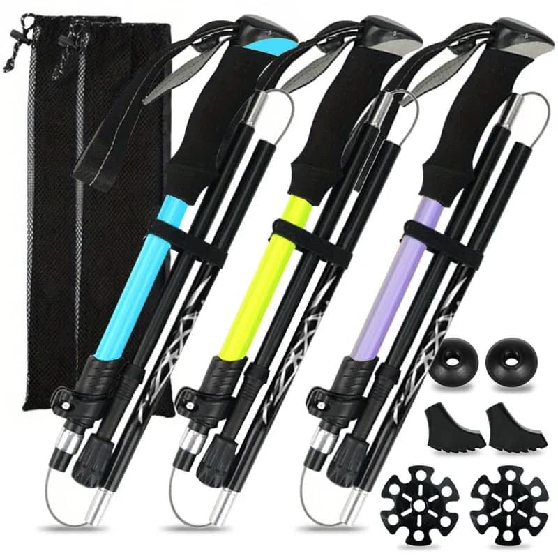 5-Section Folding Aluminum Trekking Pole with Paint Finish, Glossy Surface, Includes Storage Bag
