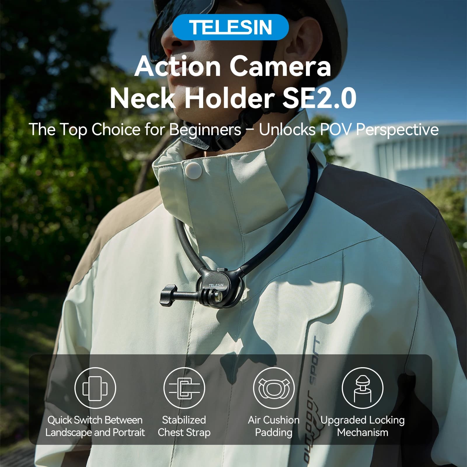 Action Camera Neck Mount Horizontal Vertical Switchable Hands Free POV Holder for Vlog Riding Hiking Outdoor Sports Use