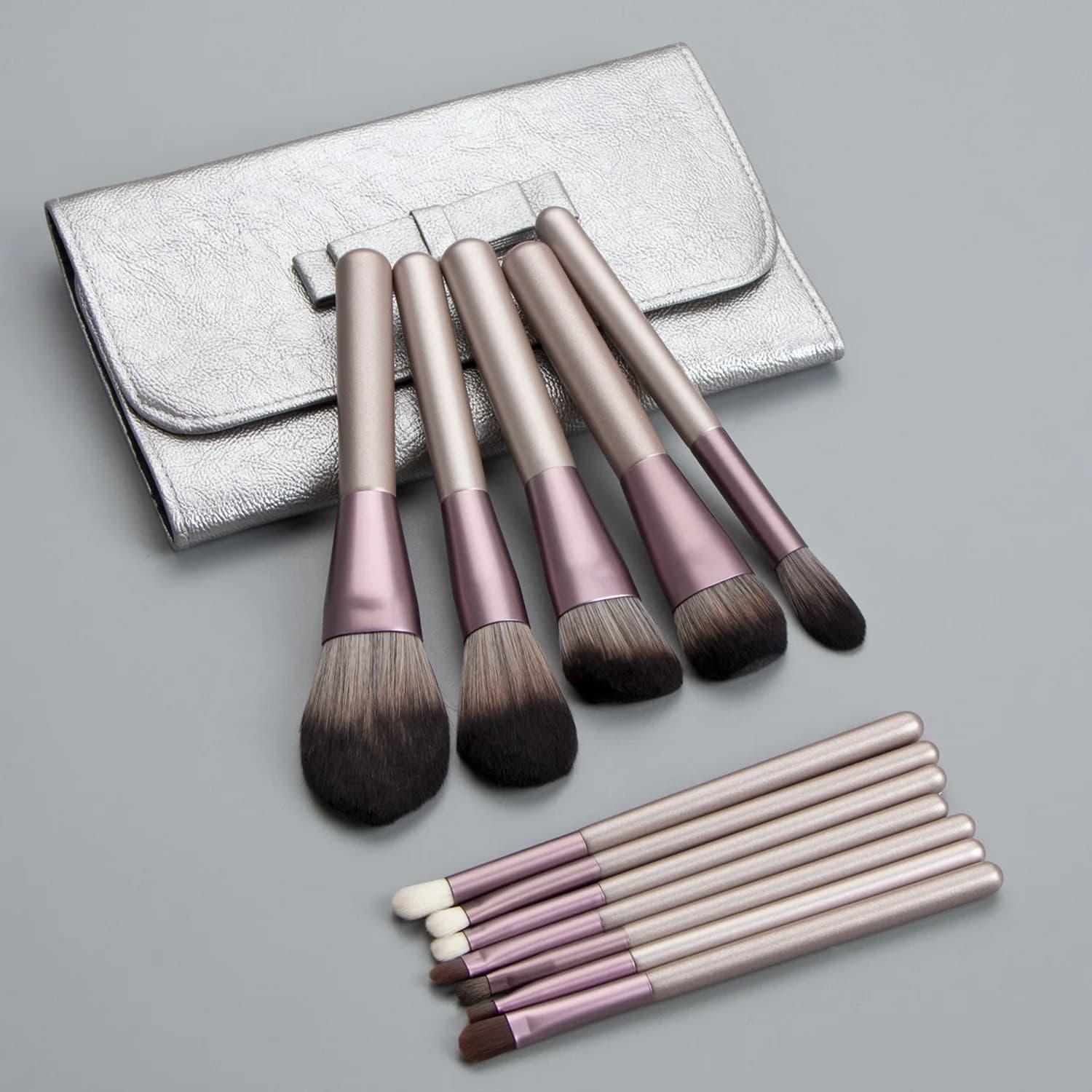 12Pcs Grape Purple Makeup Brush Set With Silver Storage Bag For Face Eye Makeup