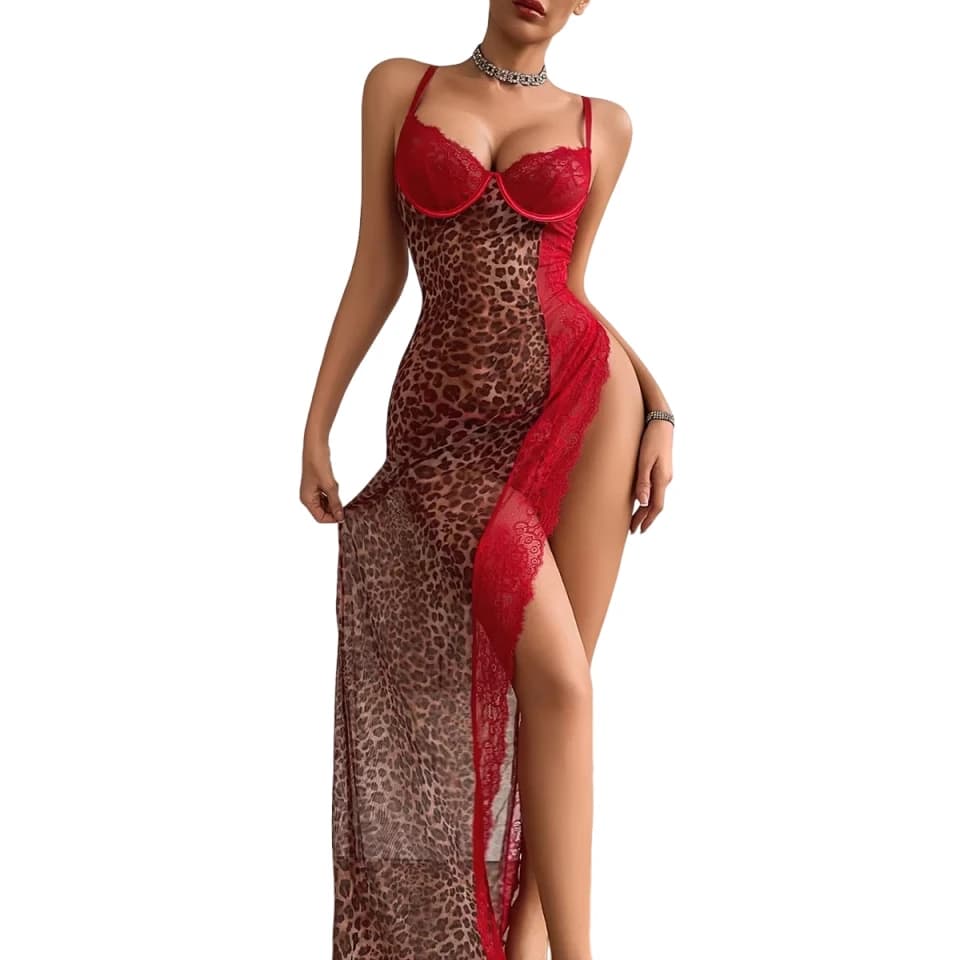 2026 Fashion Pure Desire Leopard Pattern Splicing Perspective Lace High Split Slippers Sleeping Skirt and thong Set