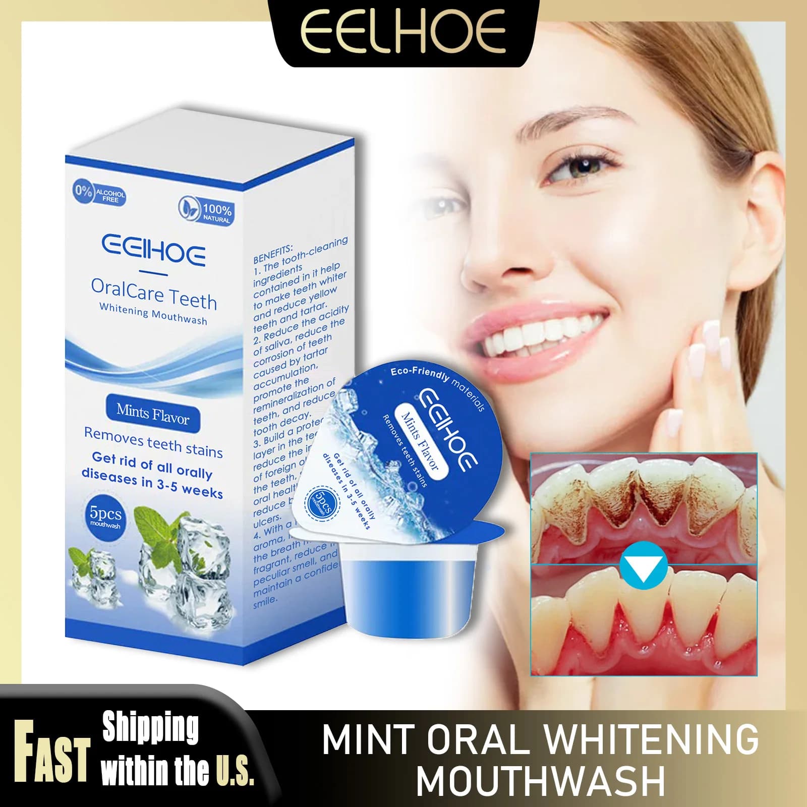 EELHOE Oral mouthwashing at mint Teeth whitening Cleansing Macchie Cleansing Fresh food Odour removal Yellow teeth Deep dental care without alcohol
