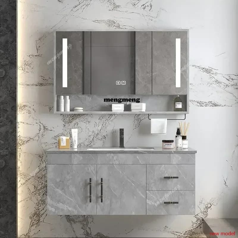 Mobile bagno F182 semplice con specchio intelligente, mobile lavabo con lavabo in roccia per balcone, arredo bagno