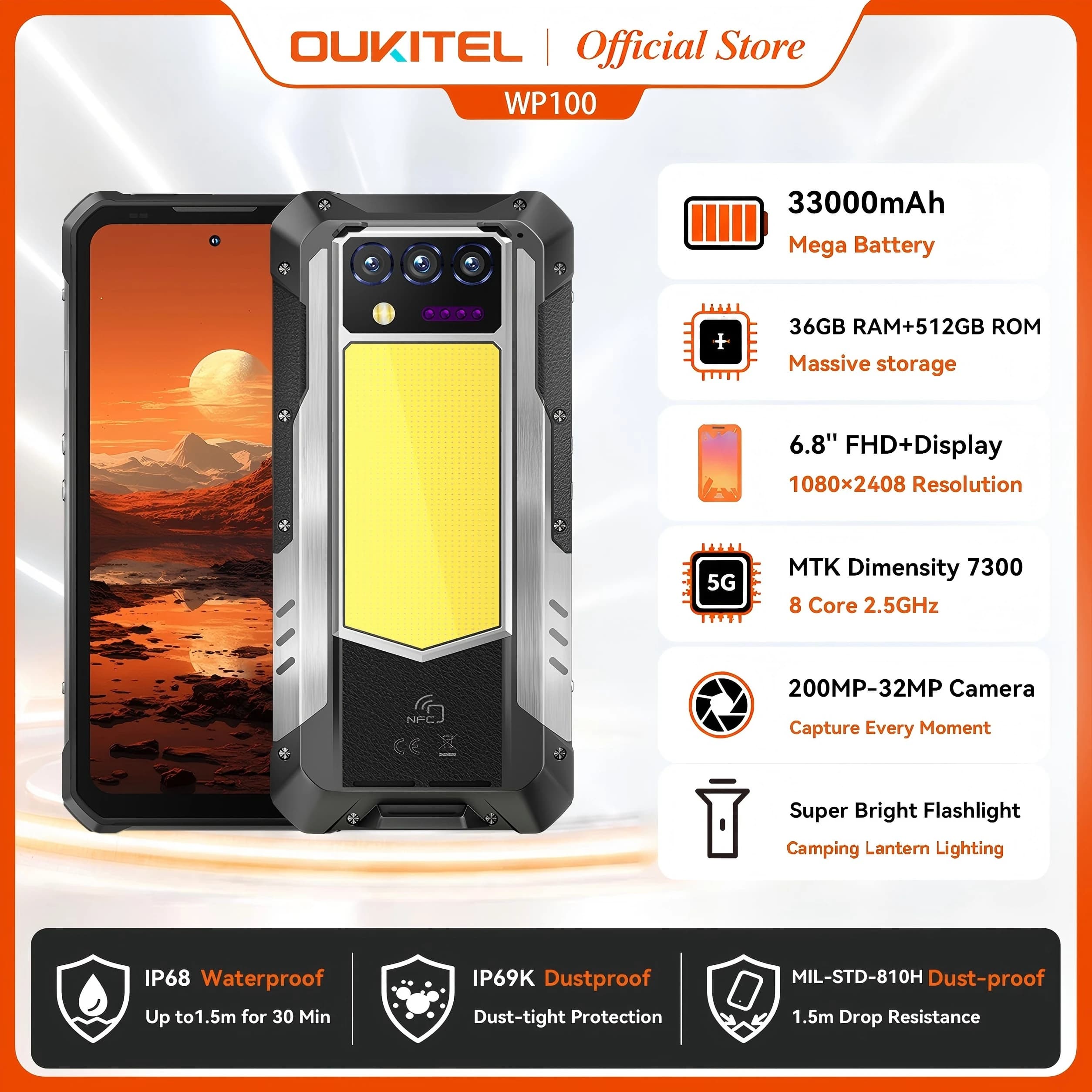 Telefono robusto OUKITEL WP100 - 33000 mAh, telemetro laser, luce da campeggio, 200 MP, 36 GB+512 GB, 6,8" FHD+, smartphone NFC GPS 5G