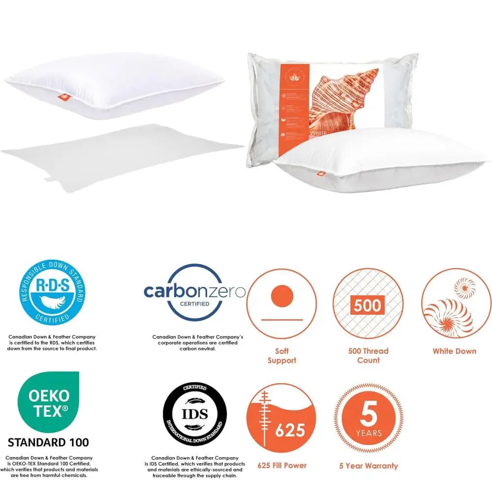Cuscino Queen Size in Piuma d'Oca Bianca 625 Fill Power - Rivestimento in Cotone 500 Fili - Prodotto in Canada