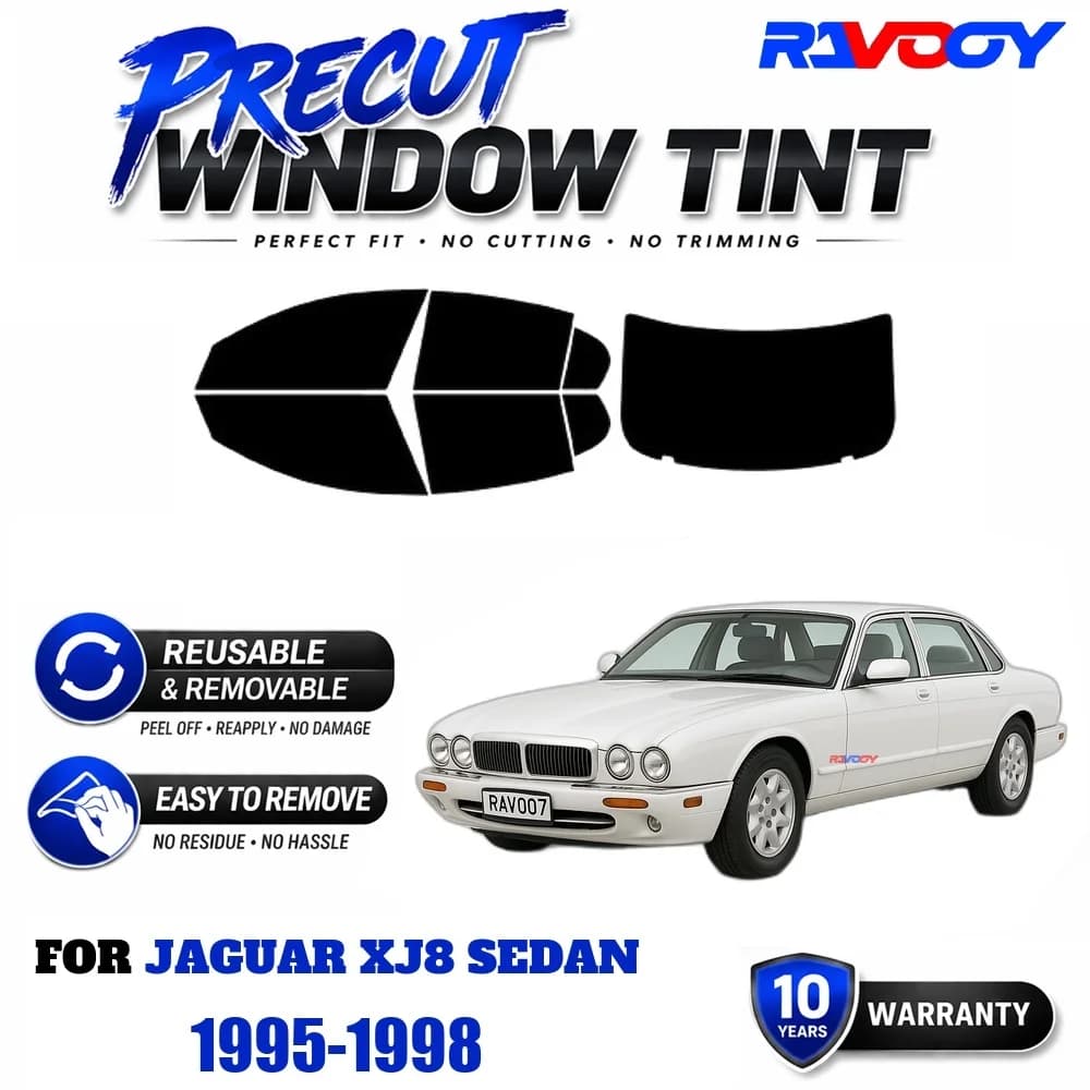 RAVOOY Precut Window Tint, Reusable Removable EPU Film, Custom Fit for Jaguar XJ8 Sedan 1995-1998, UV Heat Protection