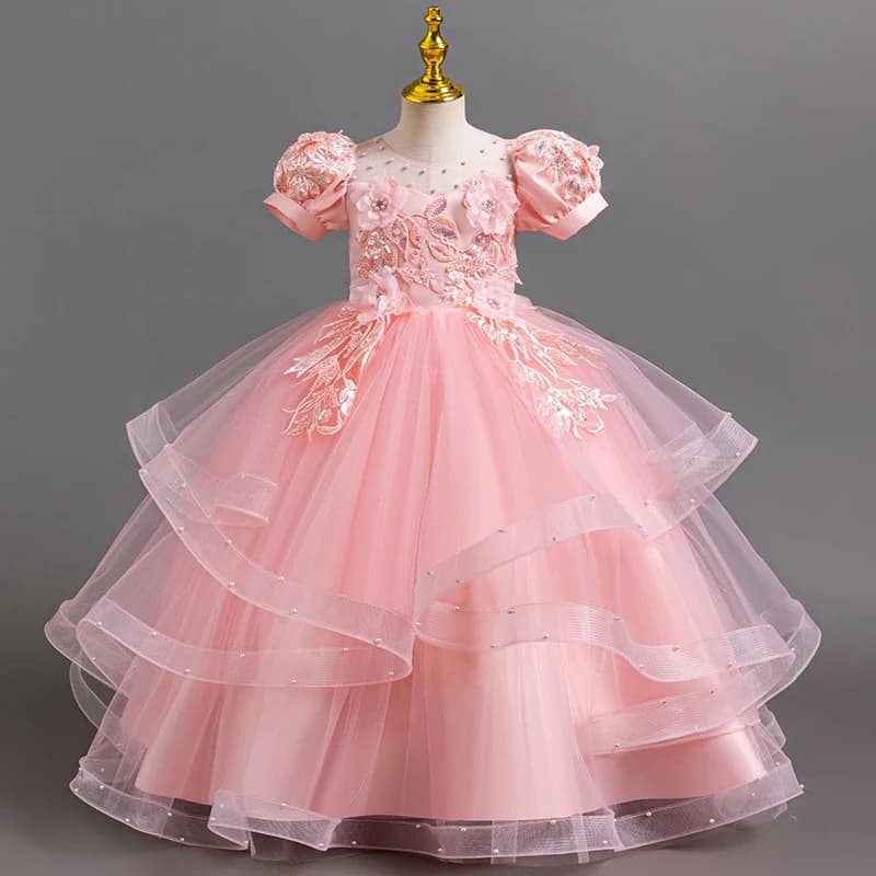 Il nuovo vestito da festa per ragazza di 4-12 anni ricamo elegante gonna lunga manica a bolle pizzo maglia garza ragazza compleanno palla notte dres