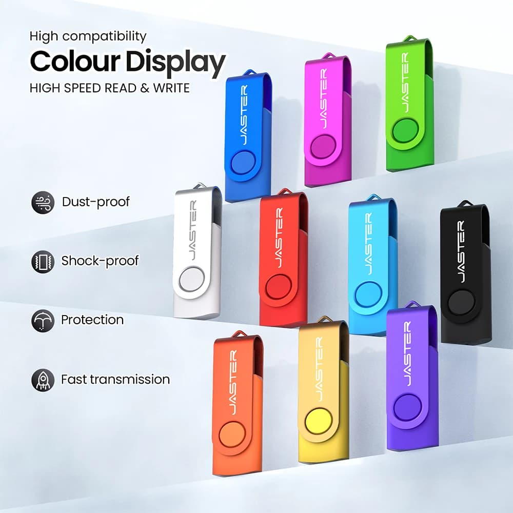 Chiavette USB Girevoli in Metallo Argentato con Clip, Pen Drive in Plastica Leggera con Portachiavi, Memoria USB da 4GB, 16GB, 32GB, 64GB