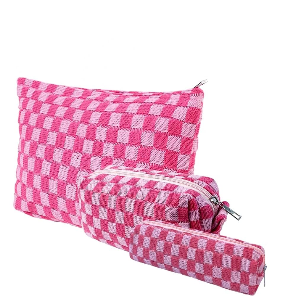 Borsa per trucco a quadretti da 3 pezzi, borsa da toilette da viaggio Borsa per pennelli per trucco carina Borse per cosmetici per donna Borse per trucco con cerniera per borsa
