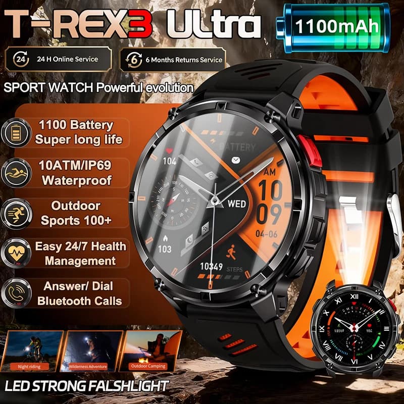 2026 New T-Rex 3 Ultra 1100mAh Battery Smart Watch Men Outdoor Sports 10ATM Waterproof GPS Track Heart Rate Compass Smartwatches