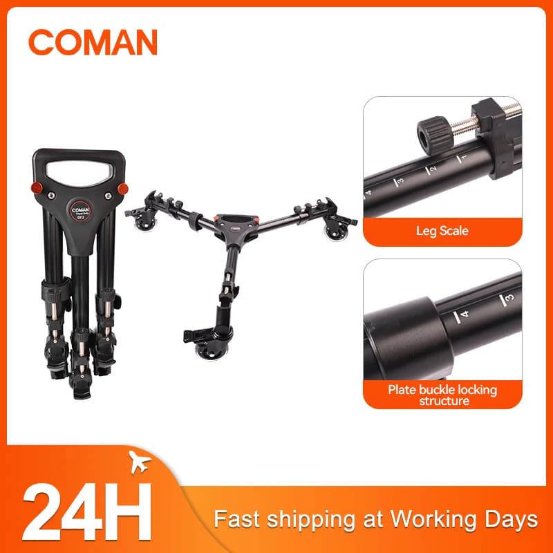 COMAN DF2 Treppiede portatile Dolly con ruote in gomma per fotocamera Registrazione video Vlog Supporto per luce a movimento rapido Supporto stabile