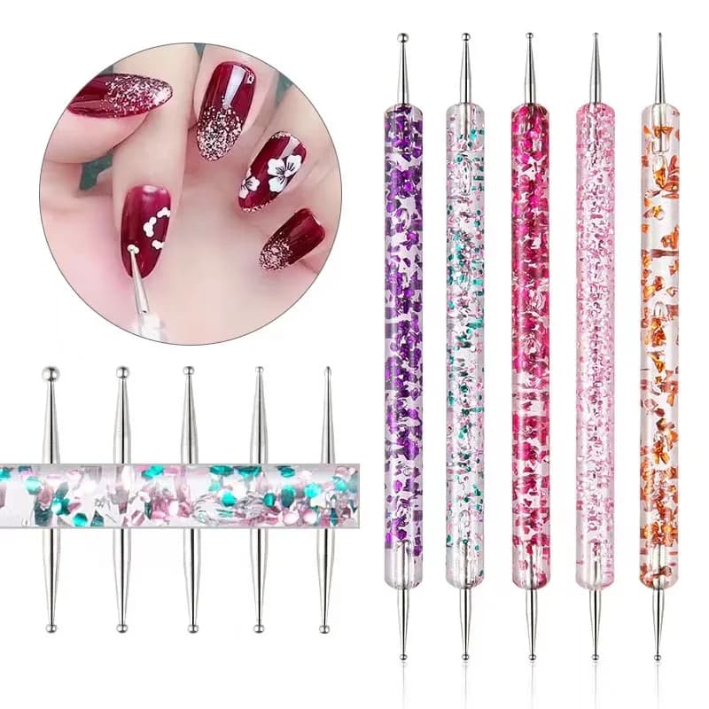 Set di 5 Penne a Doppia Punta per Nail Art con Manico in Acrilico Glitterato per Applicazione di Strass, Decorazione a Punti, Disegno Floreale, Strumenti per Manicure