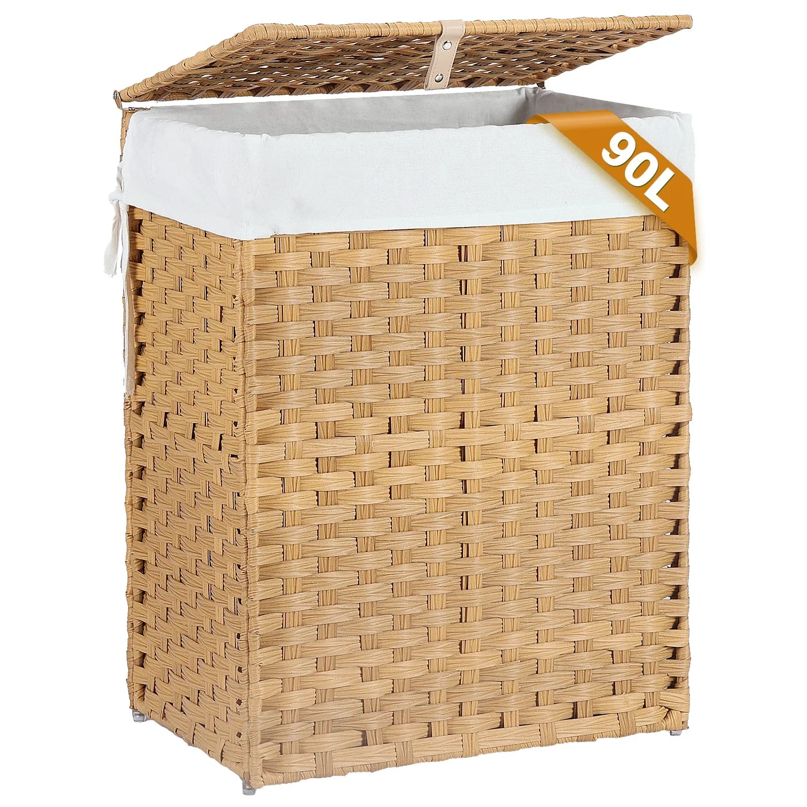 Laundry Hamper with lid, No Install Needed, 90L Wicker Laundry Baskets Foldable Removable Liner Bags, Yellow