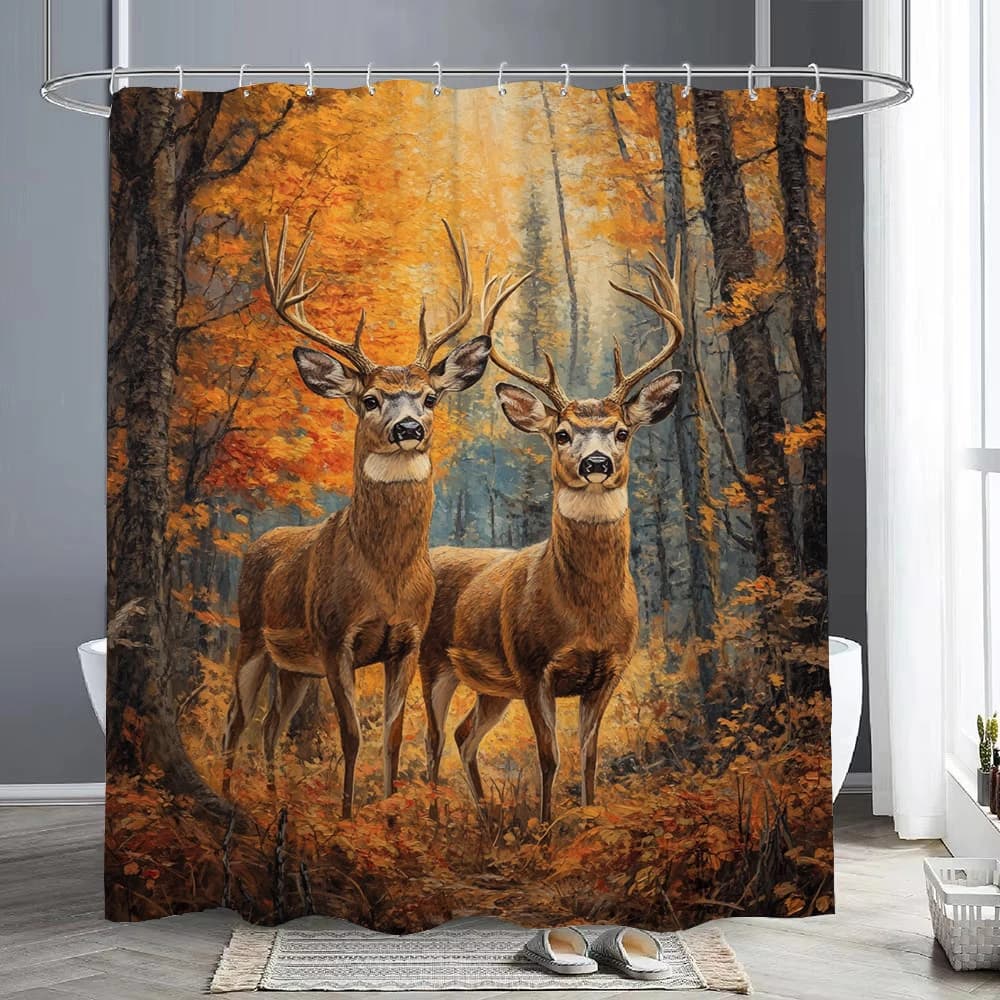 1 tenda da doccia con motivo cervo e paesaggio forestale, tenda decorativa per vasca da bagno, tenda per la casa con ganci